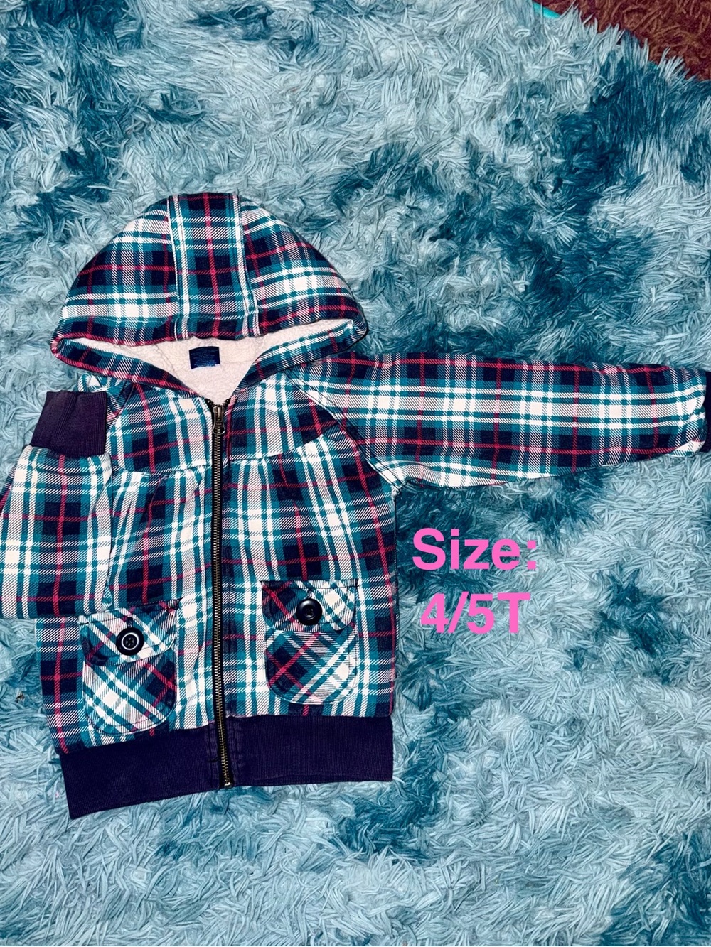 Falls Creek Teal, Navy & White Plaid Hooded Zip-Up Jacket